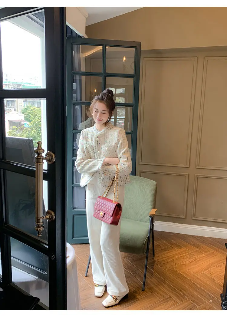 Veste en tweed brodé coloré pour femme, manteau court à carreaux fins, veste féminine, automne, printemps, 2024