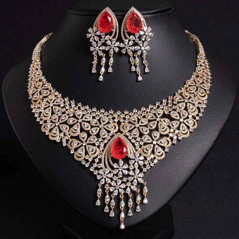 SENYU Luxury Cubic Zirconia Flower Jewelry Sets Beautiful Dubai Indian Bridal Wedding Necklace Earrings Sets for Wedding Party