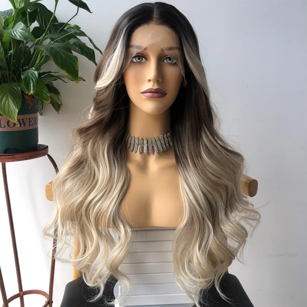 Grey Blonde 13x3 Synthetic Lace Front Wig Ombre Brown Blonde Body Wave Wigs for Women Heat Resistant Cosplay Daily Use Wig 180%