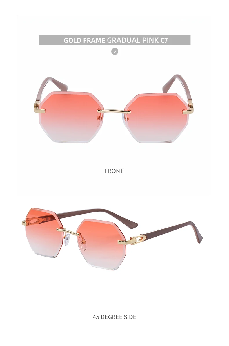 Modische randlose quadratische Sonnenbrille für Damen 2026 – Luxusmarke, sechseckiger Metallrahmen, trendige Outdoor-Sonnenbrille für Frauen – Detail 22