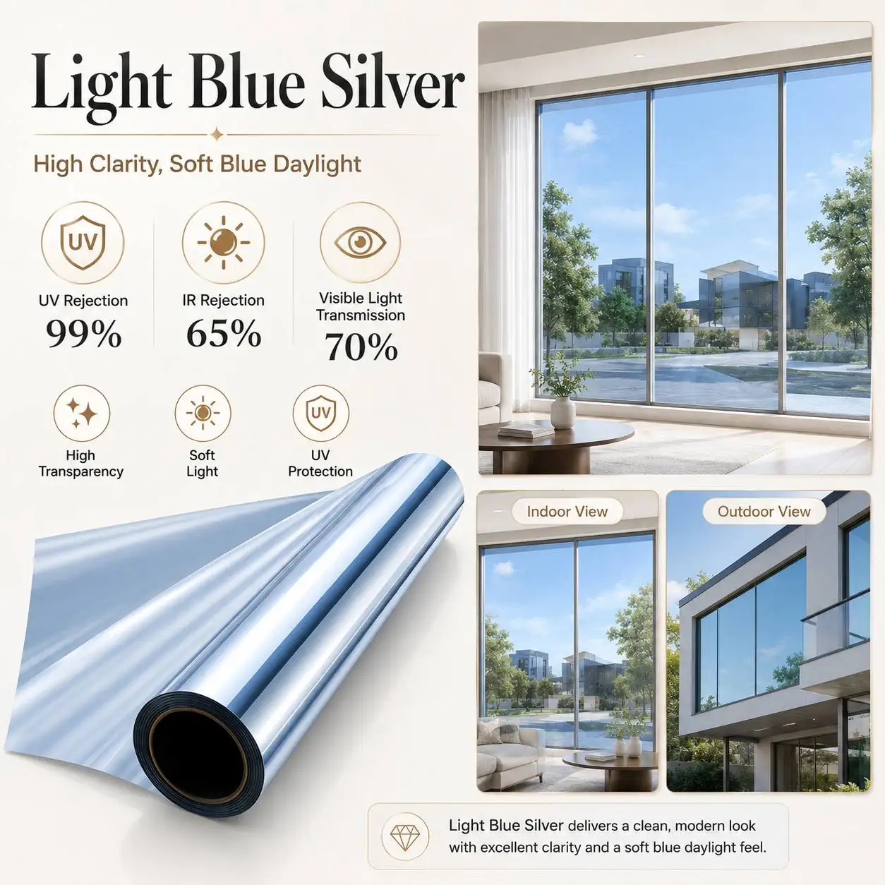 One Way Privacy Window Film Black Silver Heat Control UV Protection Static Cling Removable for Home Office Glass