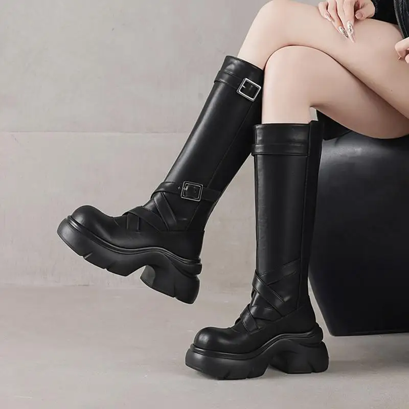 كرازينغ بوت البقرة انقسام الجلد جولة تو سميكة القاع منصة شارع العليا الأزياء المدرسة البريطانية مشبك معدني شيك الفخذ أحذية عالية #4