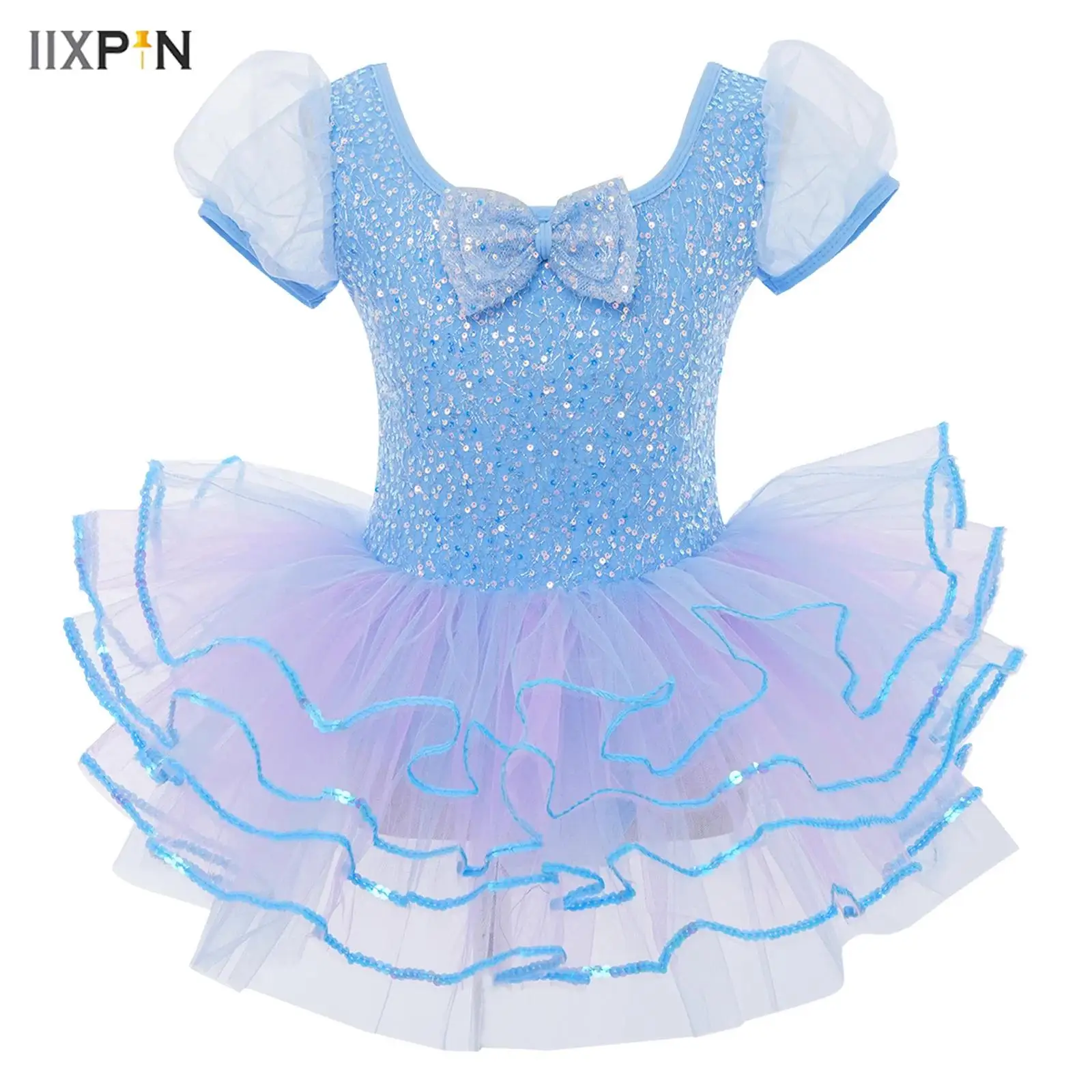 

Kids Girls Shiny Sequins Ballet Dance Dresses Short Puff Sleeves Bowknot Layered Tulle Tutu Dress Stage Performance Dancewear