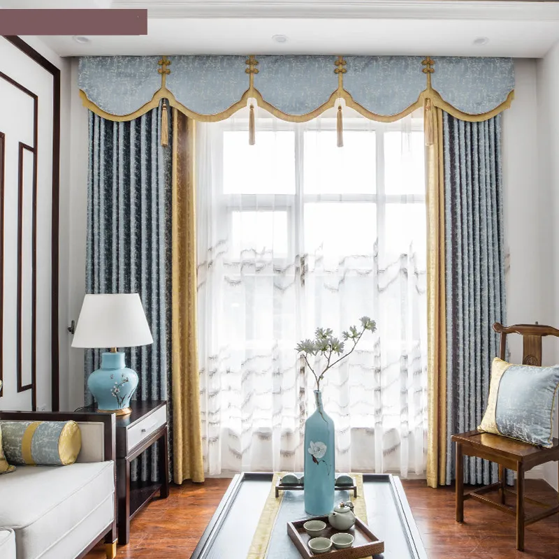 

Custom high-grade classical New Chinese curtain shade blue yellow skin texture valance tulle M1306