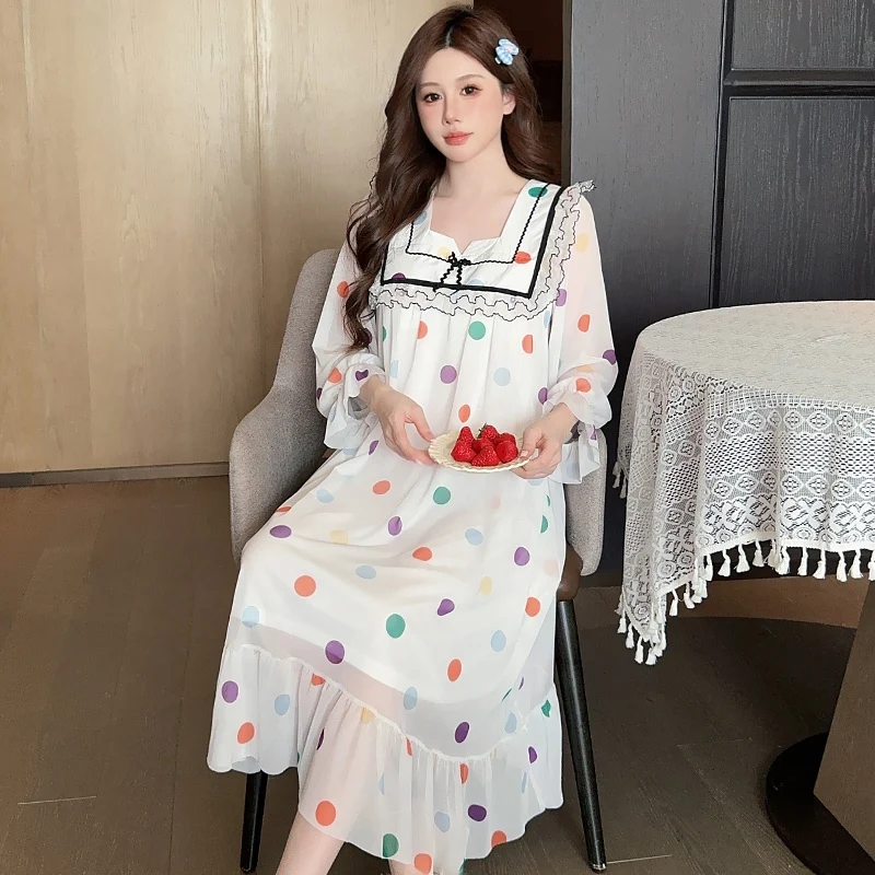 

Весна 2025 года, хлопковое сексуальное кружевное белье с длинными рукавами и принтом, ночные рубашки для женщин, корейская милая одежда для сна, ночное платье, ночная рубашка, ночная рубашка