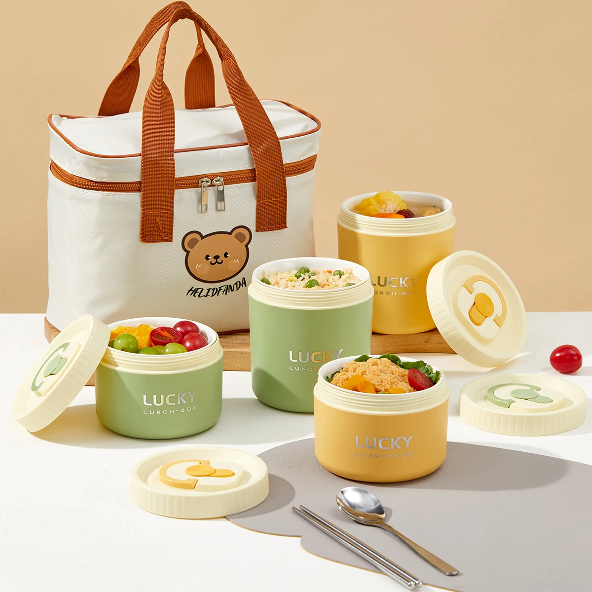 

Round Ceramics Insulated Bento Lunch Box With Handle Portable Sealed Anti Scald Double Layer Food Container For Kids Students