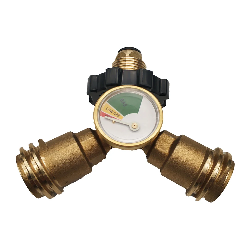 Brass 20-50 Lbs Propane Cylinder POL Type Connection Y-splitter Adapter with Gauge Meters for BBQ Grill Metal Connector Set