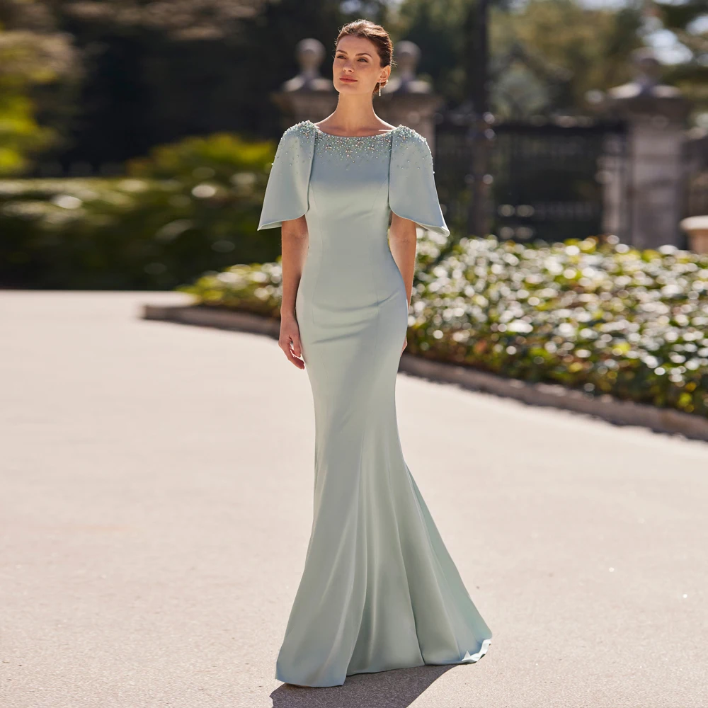 Elegant Mother of the Bride Dresses O Neck Short Sleeves Wedding Party Gowns Beadings Pearls Floor Length Mermaid فساتين السهرة