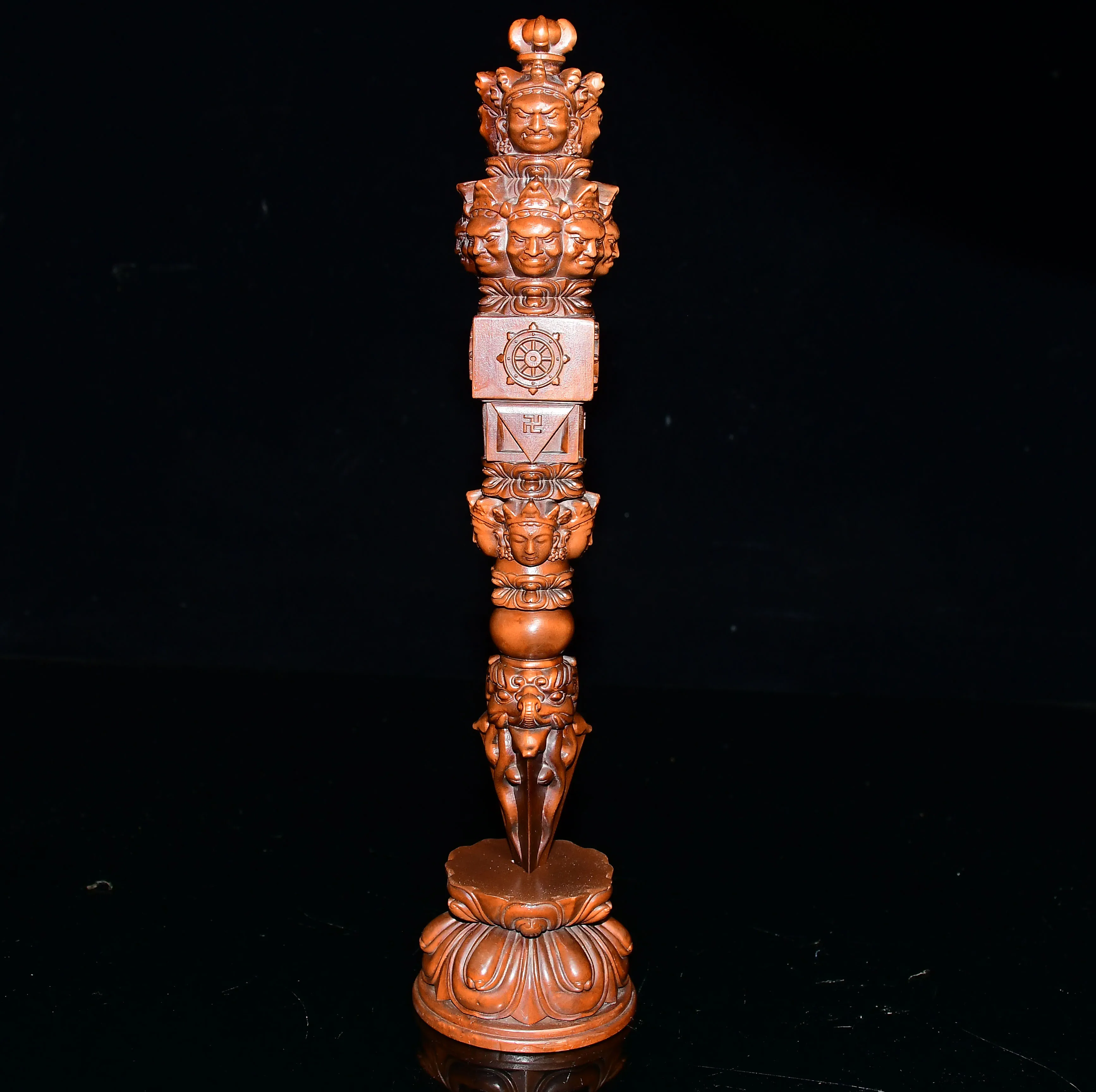 Authentic small-leaf boxwood carved Mahakala head vajra ornament Tibetan Buddhist statue for house protection, wealth attraction