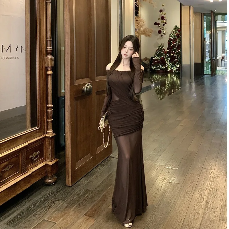 Oulder Bared Long Sve Bodycon Dr with Me Trim cintura ceñida Otoño Invierno nueva versión coreana Sle Falda larga Dr