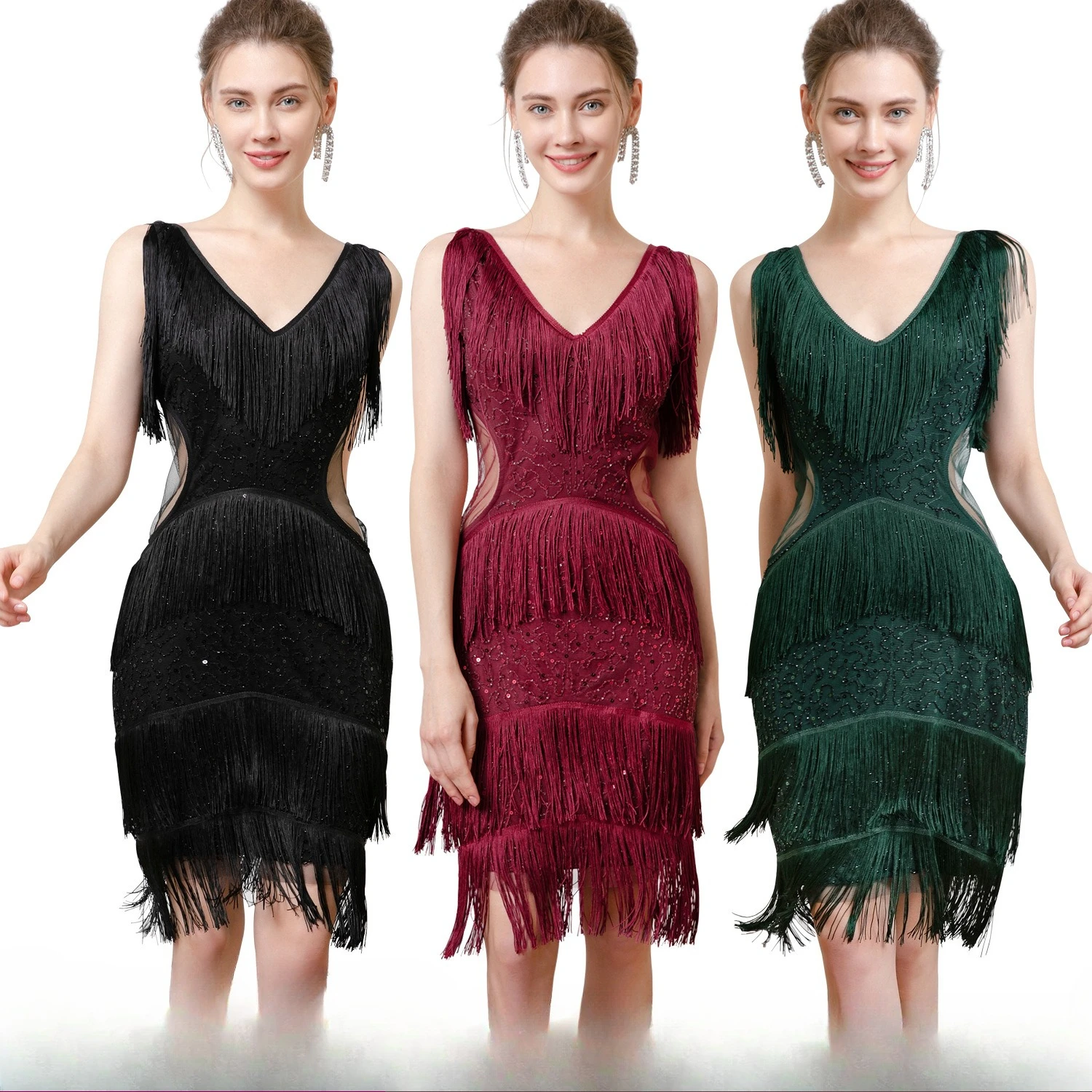 

Sexy Vintage Tassels Double V-neck Waist Cut Sleeveless Short Dance Dress