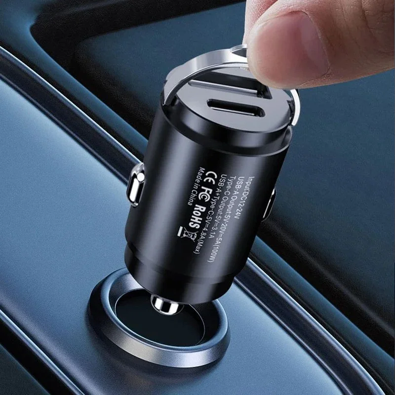 200W Mini Car Charger Fast Charging USB Type C Auto Cigarette Lighter Adapter Accessories 12-24V PD AFC QC 4.0 Phone Charger