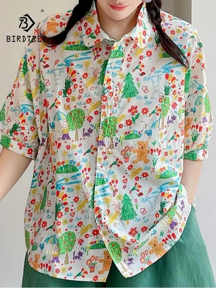 

New 2026 Summer Women Cotton Short Sleeve Shirt, Turn-down Collar Print, Mori Girl Japan Style Commute Loose Blouse T65789CC