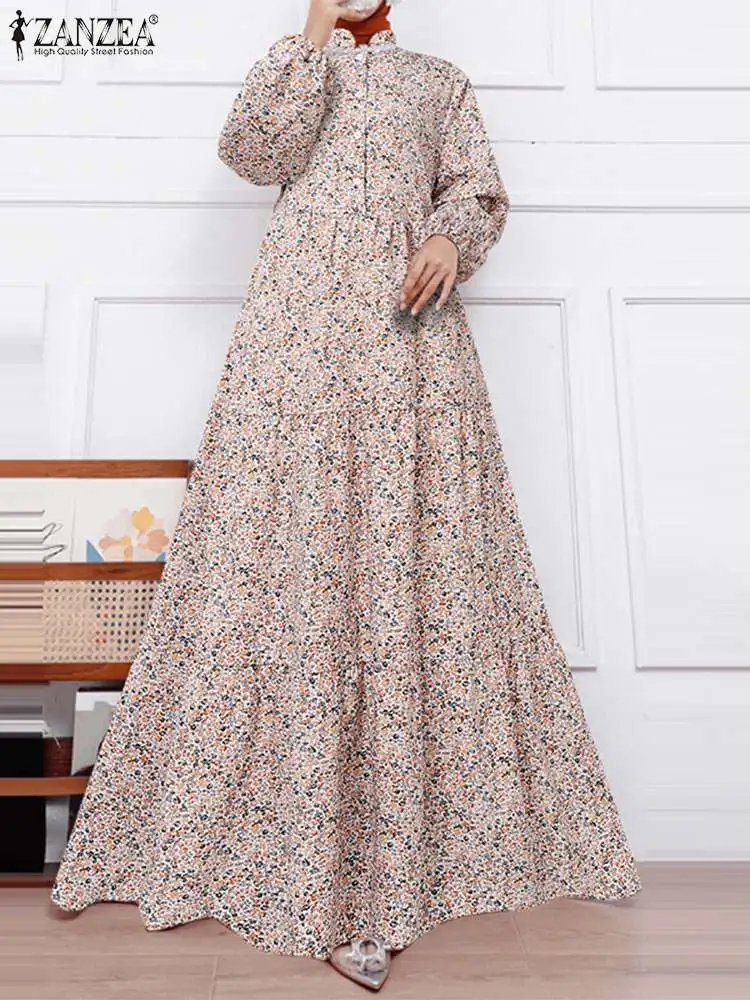 ZANZEA-Vestido largo de manga larga con estampado Floral para mujer, Hijab islámico atado a la cintura, elegante, a la moda musulmana, Abaya