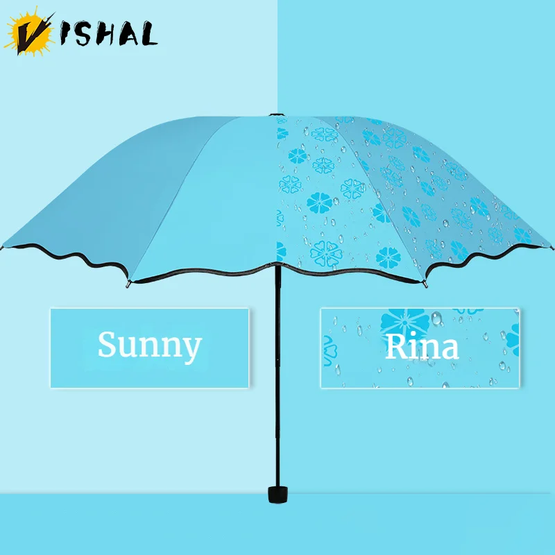 VISHAL Flowering in Water Umbrella for Women Thickened Black Glue Folding Anti-UV Sun/Rain Umbrella Hand Movement Sunshade Tool