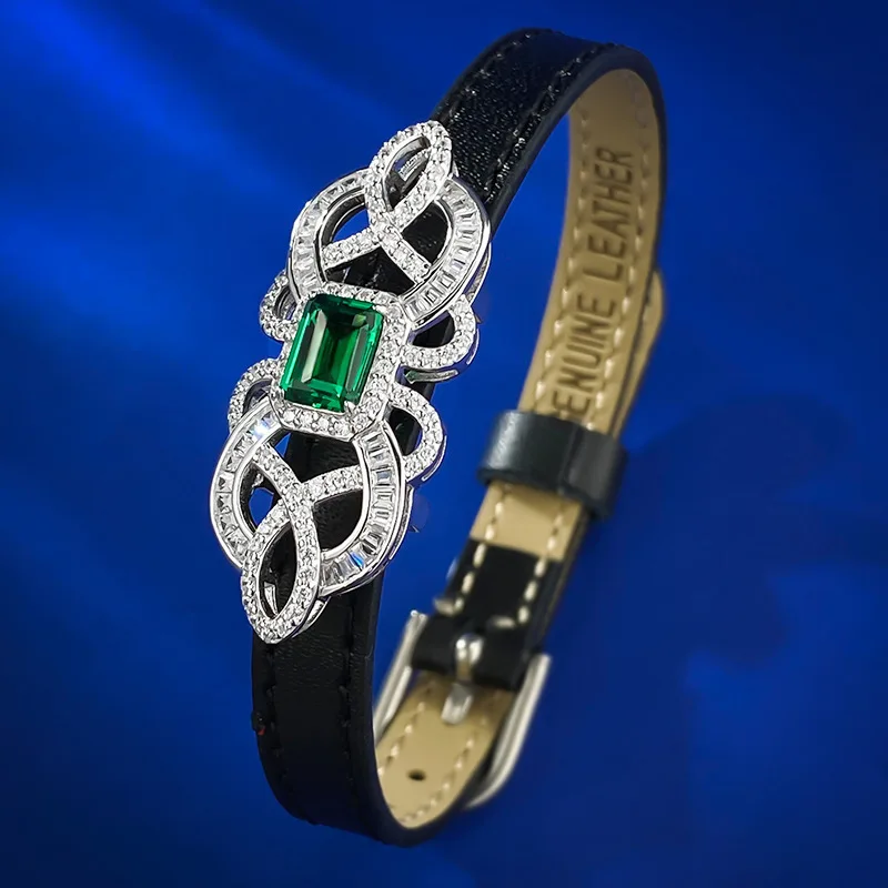 2024 New S925 Silver Imitation Emerald One Carat Wrist Strap Bracelet Women Personalized Fashion Style