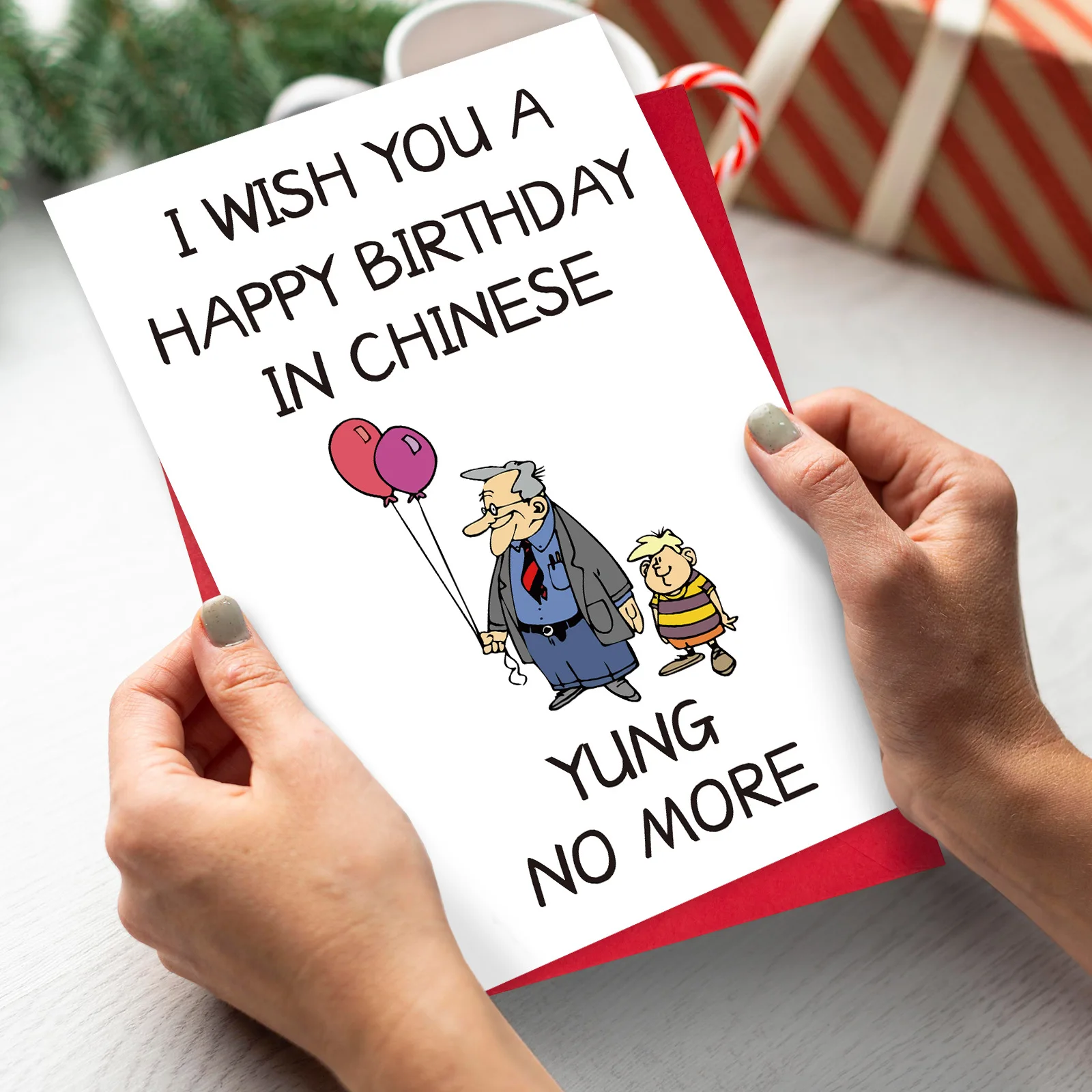 Creative funny birthday greeting card "Never Again Young" - a humorous card with a pun-based message of good wishes. A surprise - view 3