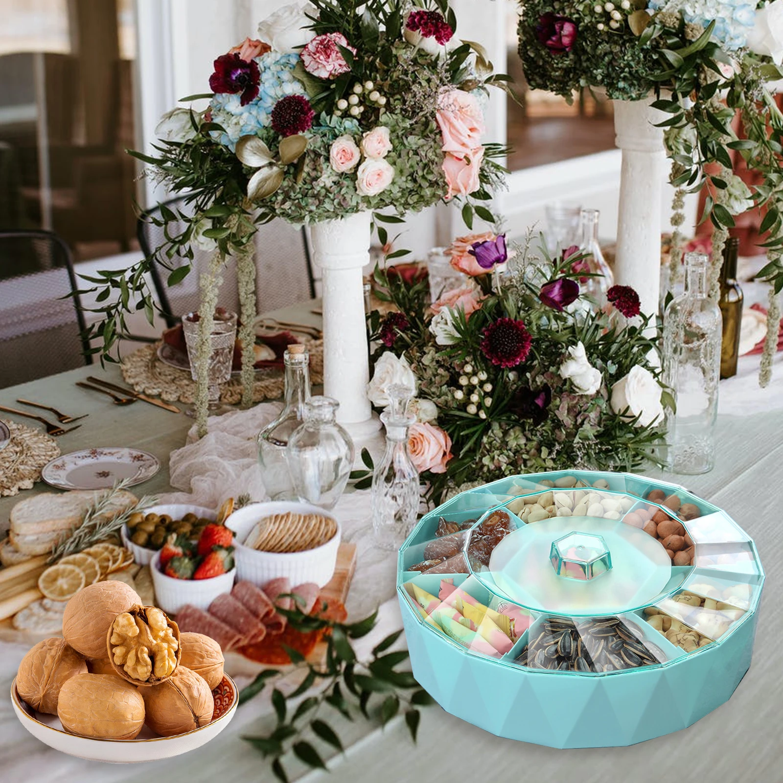 

Прозрачная сетчатая коробка для хранения, лоток для закусок, контейнер для фруктов и орехов, крышка, пылезащитный секционный органайзер для домашнего использования