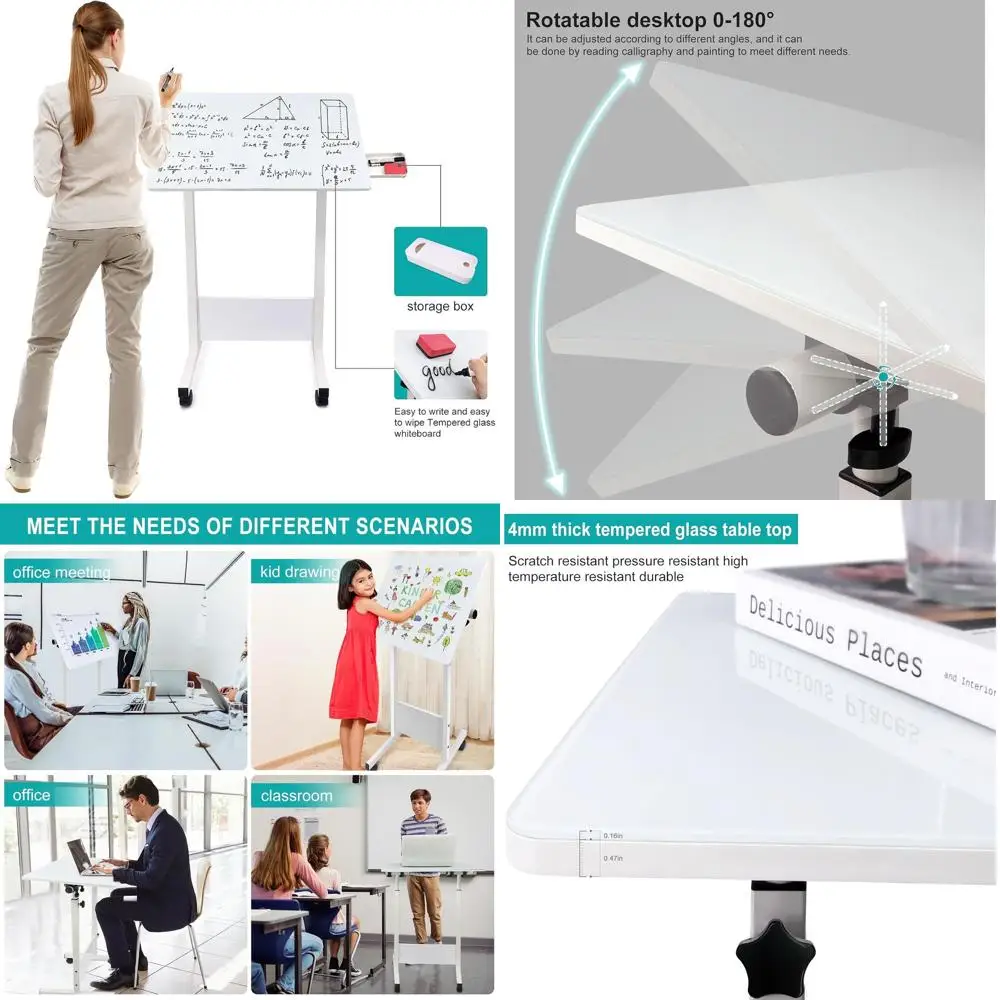 

Белый 24 регулируемый стол со столешницей из закаленного стекла, диапазон высоты 32–47, 360° ° Вращение, колеса для компактных помещений