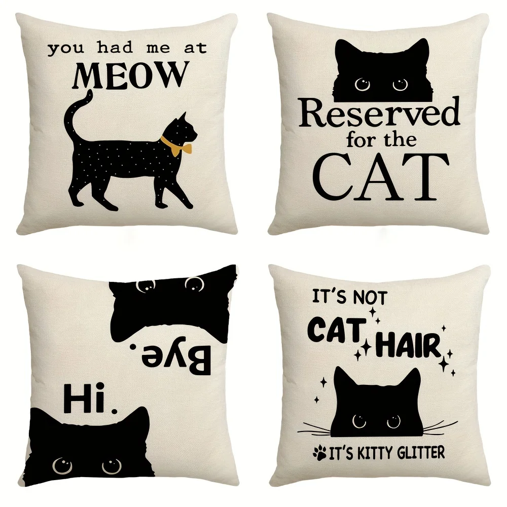 Pillow Covers 1 or 4 Black Cat Throw Pillow Covers 18x18 Inch Funny Cat Pillowcases with “You Had Me at MEOW” “Reserved for the CAT” “Hi BK” “It’s Not Cat Hair It’s Kitty Glitter” Polyester Zipper Machine Washable Cushion Covers for Sofa Bed Home Decor