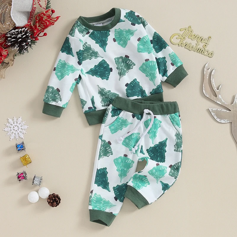 

Kids Christmas Pajamas Set Toddler Boys Girls Xmas Tree Snowman Gingerbread Man Print Long Sleeve Tops Pants 2Pcs Winter