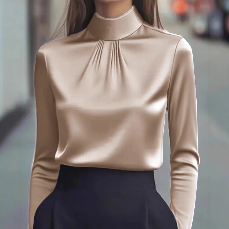 

Fashion Elegant Solid Color Long Sleeved Women's Shirt Autumn 2025 High Neck Pleated Solid Color Office Work Blouse