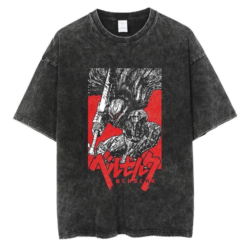 Berserk Japanese Anime Printed Washed T-shirt Men and Women Retro Comfortable Street Style Oversized Summer Short Sleeve Tops