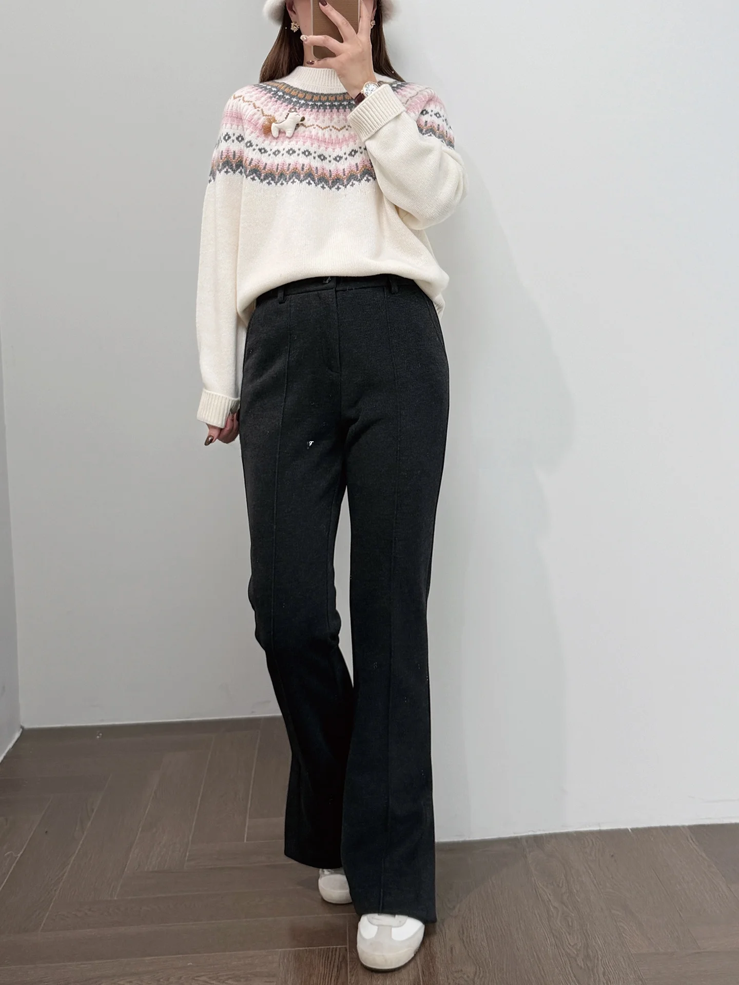 

Star Velvet Bell Bot Pants High Elastici Fce Lined Side Slit Casual Trousers for Women Straight Leg Jeans