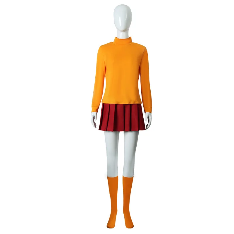 Velma Anime Cosplay Uniforme para Mulheres, Top Laranja, Saia Vermelha, Meias, Óculos, Peruca, Festa de Halloween, Conjunto de Carnaval, Fantasia de Meninas