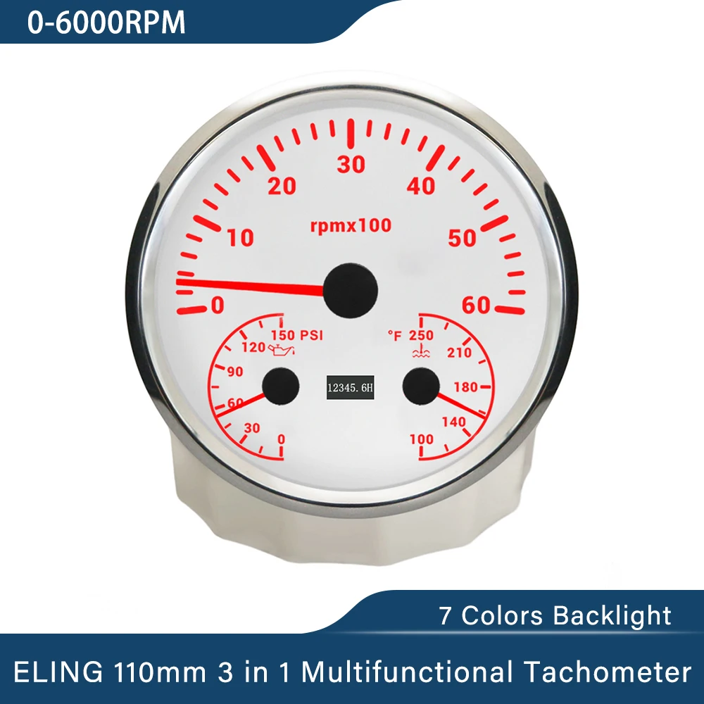 ELING 110mm 3 in 1 Multifunctional 0-6000RPM 0-8000RPM Tachometer with Oil Pressure Water Temp 7 Colors Backlight for Car Yacht