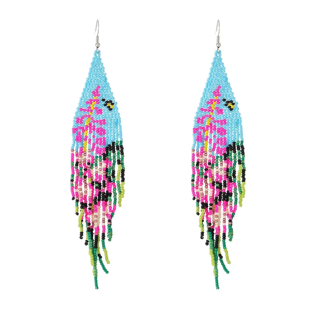 ZGMXR Rice bead earrings Tassel Red Geometry Pattern Hand weaving Bohemia Alloy Fashion Simple Woman Beaded earrings