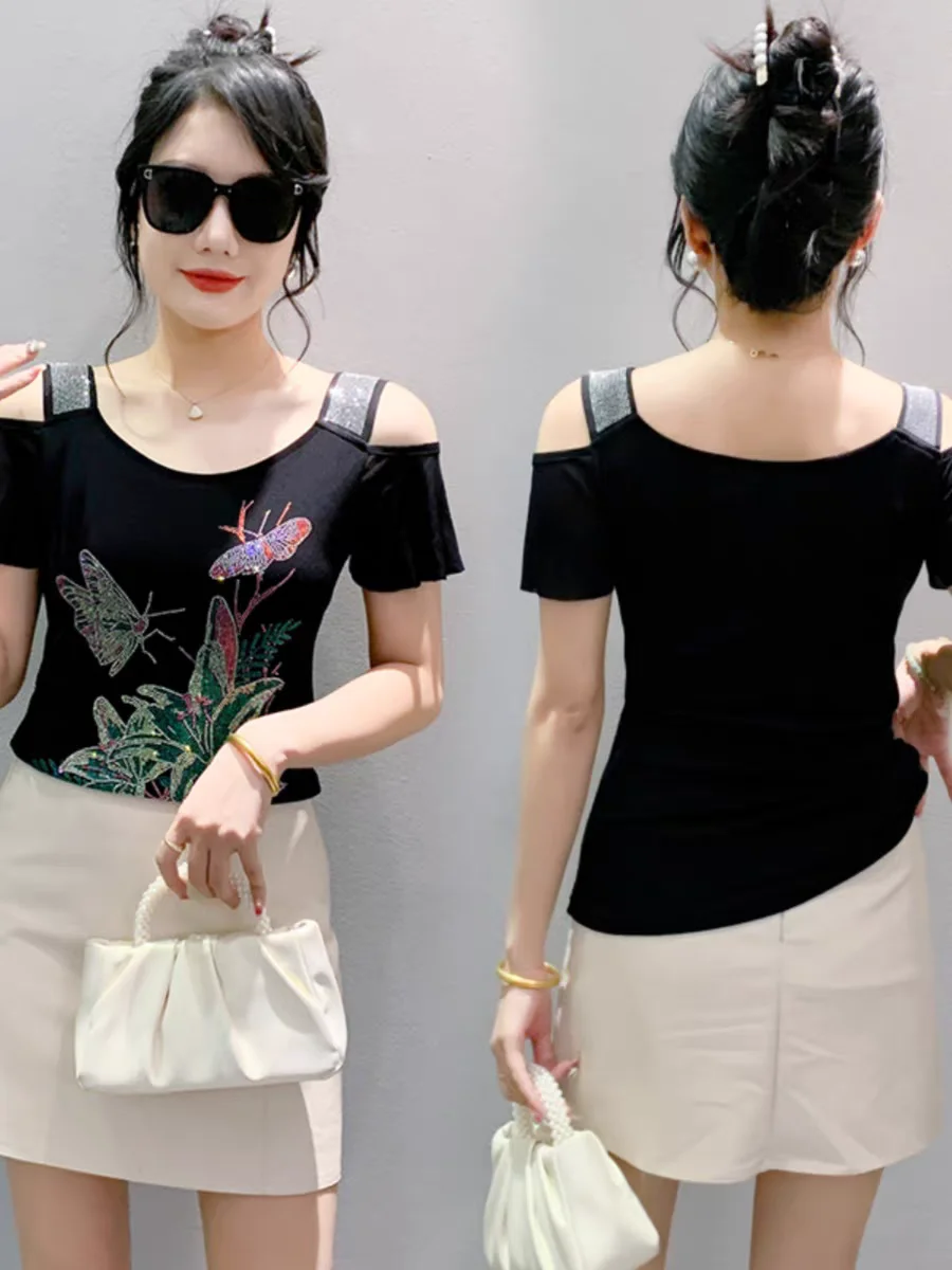 Letnie damskie koszulki z krótkim rękawem damskie rozciągliwa siateczka z odkrytymi diamentami na ramionach koszulki z kwiatami