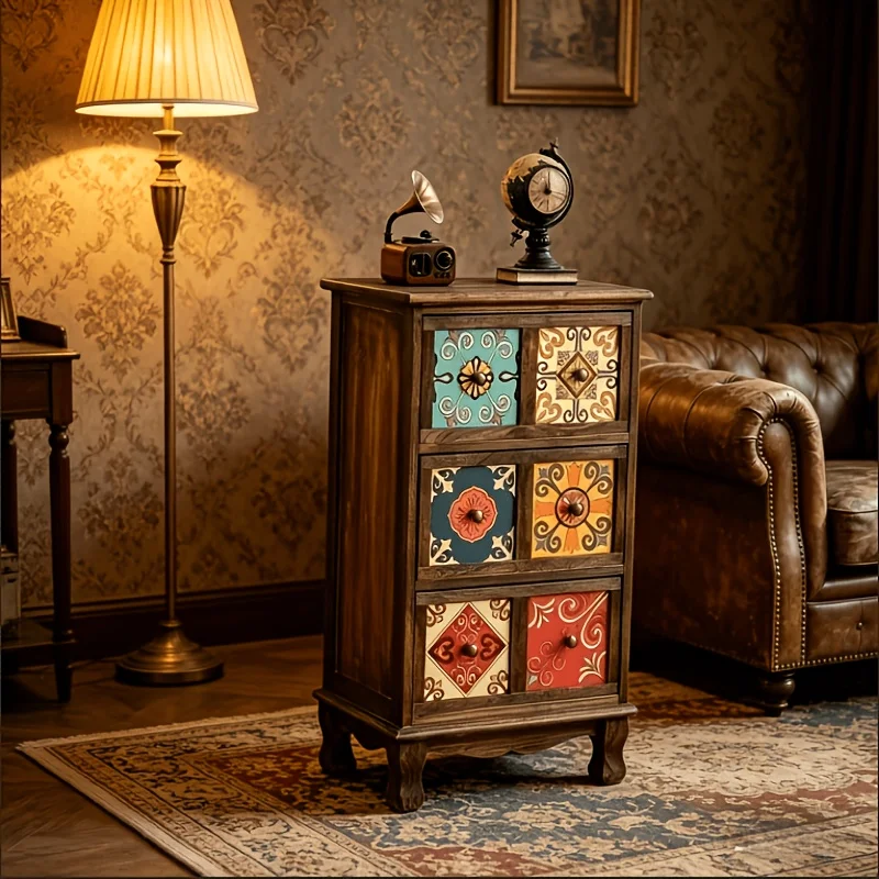 Vintage Floral Tile Wooden Chest of Drawers, Retro Tall Storage Cabinet, Multicolor Pattern Nightstand for Bedroom Home Decor