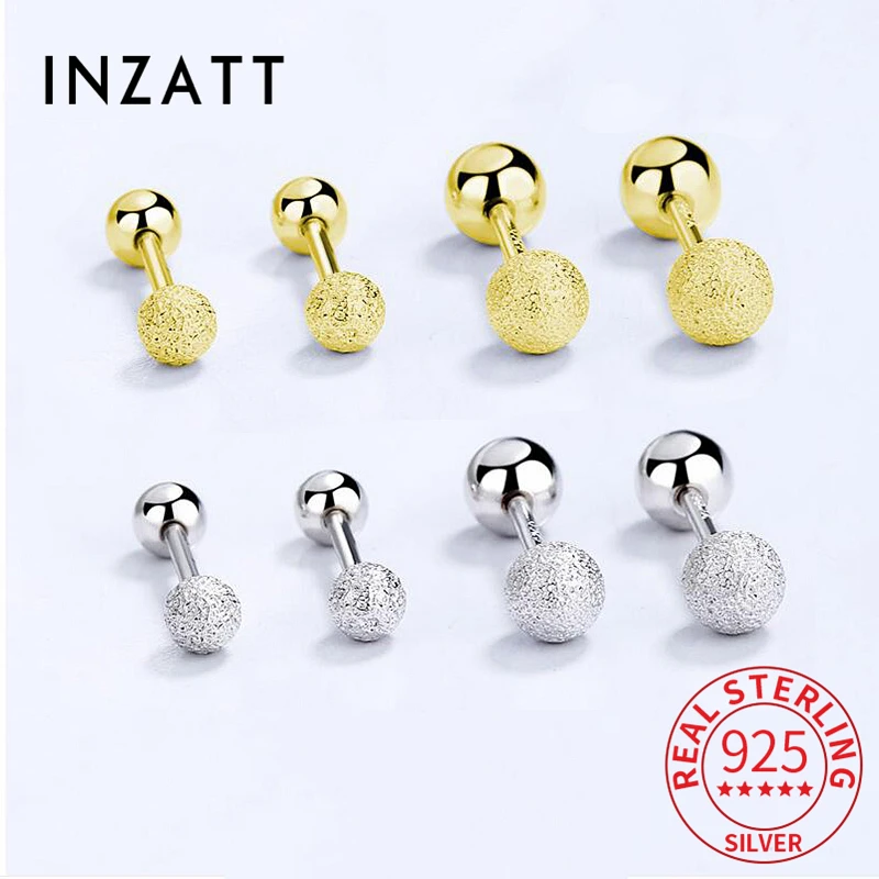 INZATT Real 925 Sterling Silver Geometric Round Screw Bead Stud Earrings For Fashion Women Classic Fine Jewelry Accessories