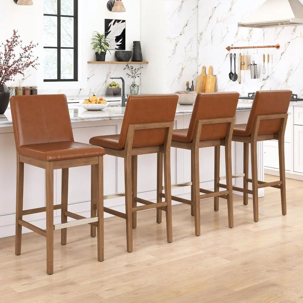 

4-Piece Leatherette Bar Stools Set with Backrest and Metal Footrest for Kitchen Island, Brown