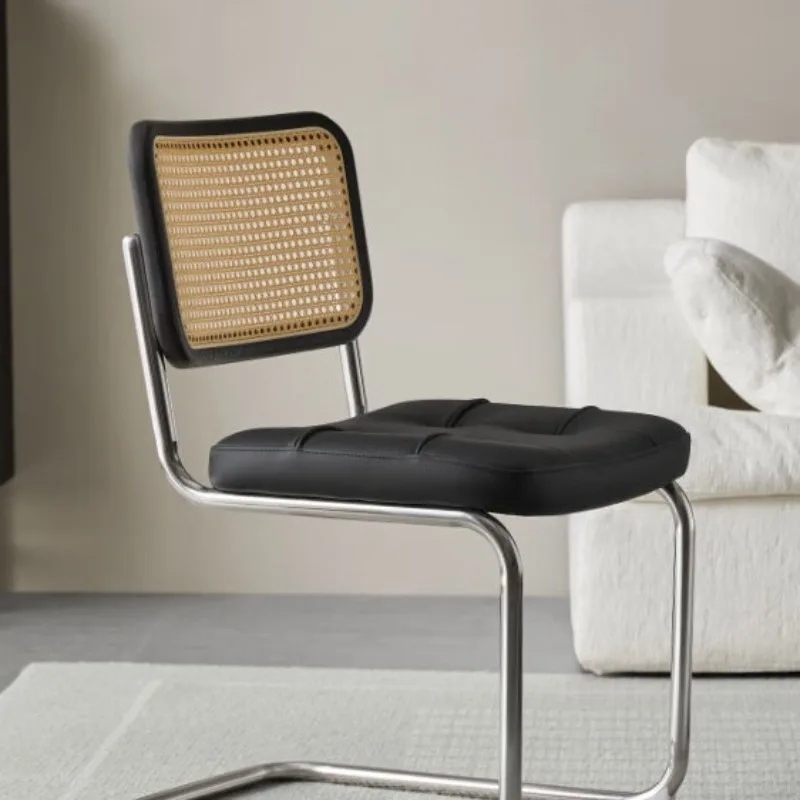 Mid-century Solid Wood Rattan Dining Chair Italian Minimalist Retro Backrest Stainless Steel Woven Chair
