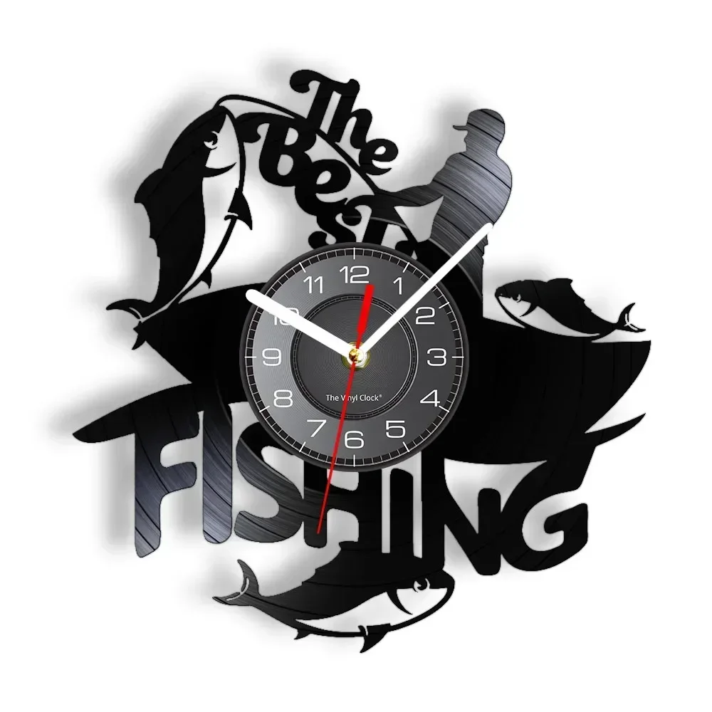 Fishing Is The Best Silhouette Wall Clock Outdoor Activity Big Fish Small Boat Wall Watch with LED Illumination Vinyl Disk Craft