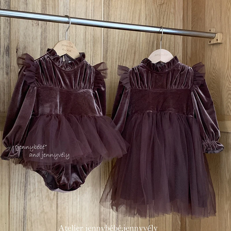 2024 New Autumn European American Style Sister Clothes Baby Girl Romper Kids Princess Dresses 2-6Yrs Girl Party Dress