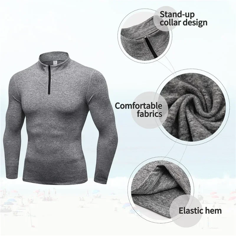 Winter Warm Fleece Half Zipper Sports Shirts Men Gym Fitness Tights Quickly Dry Men's Running T-shirt Train Exercise Sportswear