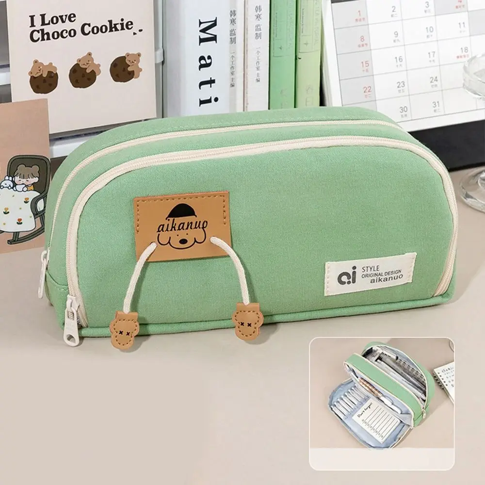 Bolsa de papelaria de lona de armazenamento de mesa estilo coreano grande capacidade multi camada saco de lápis estético filhote de cachorro lápis bolsa escola
