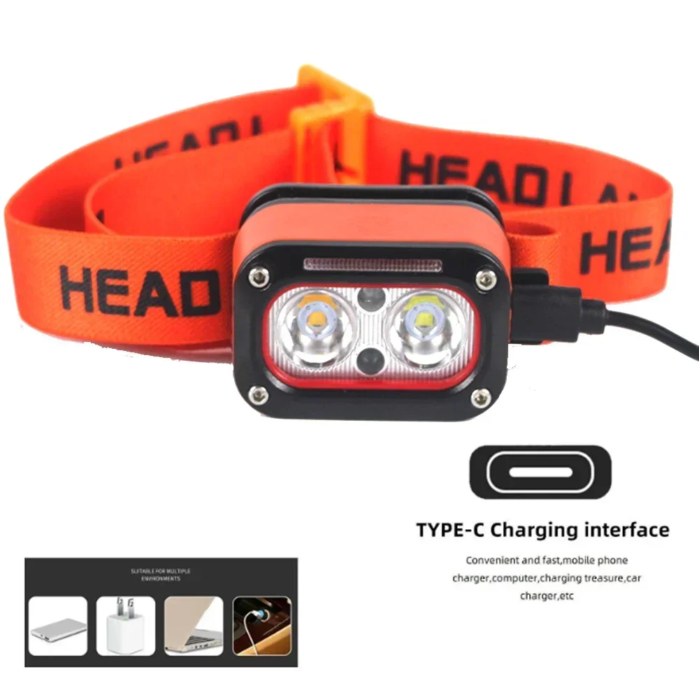 LED Three Light Source Induction Headlight Type-C USB Rechargeable Headlamp IR Motion Sensor Head Lamp Powerful Head Flashlight