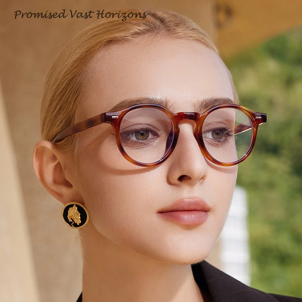 

TR Classic Round Frame Lock Hole Rivet Design Small Size Needle in Adjustable Acetate Temples Anti Blue Plano Lens Eyeglasses