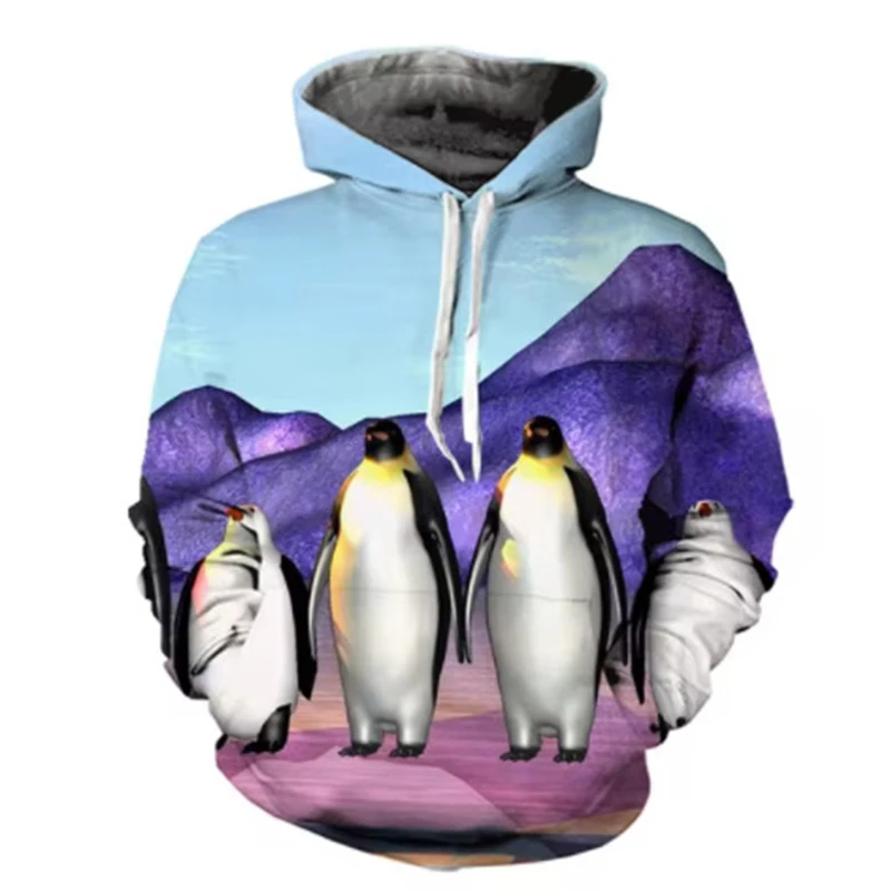 Cute Penguin Pattern Hoodie Animal 3D Print Men Women Streetwear Hoodies Oversized Pullovers Hooded Sweatshirts Kid Top Clothing