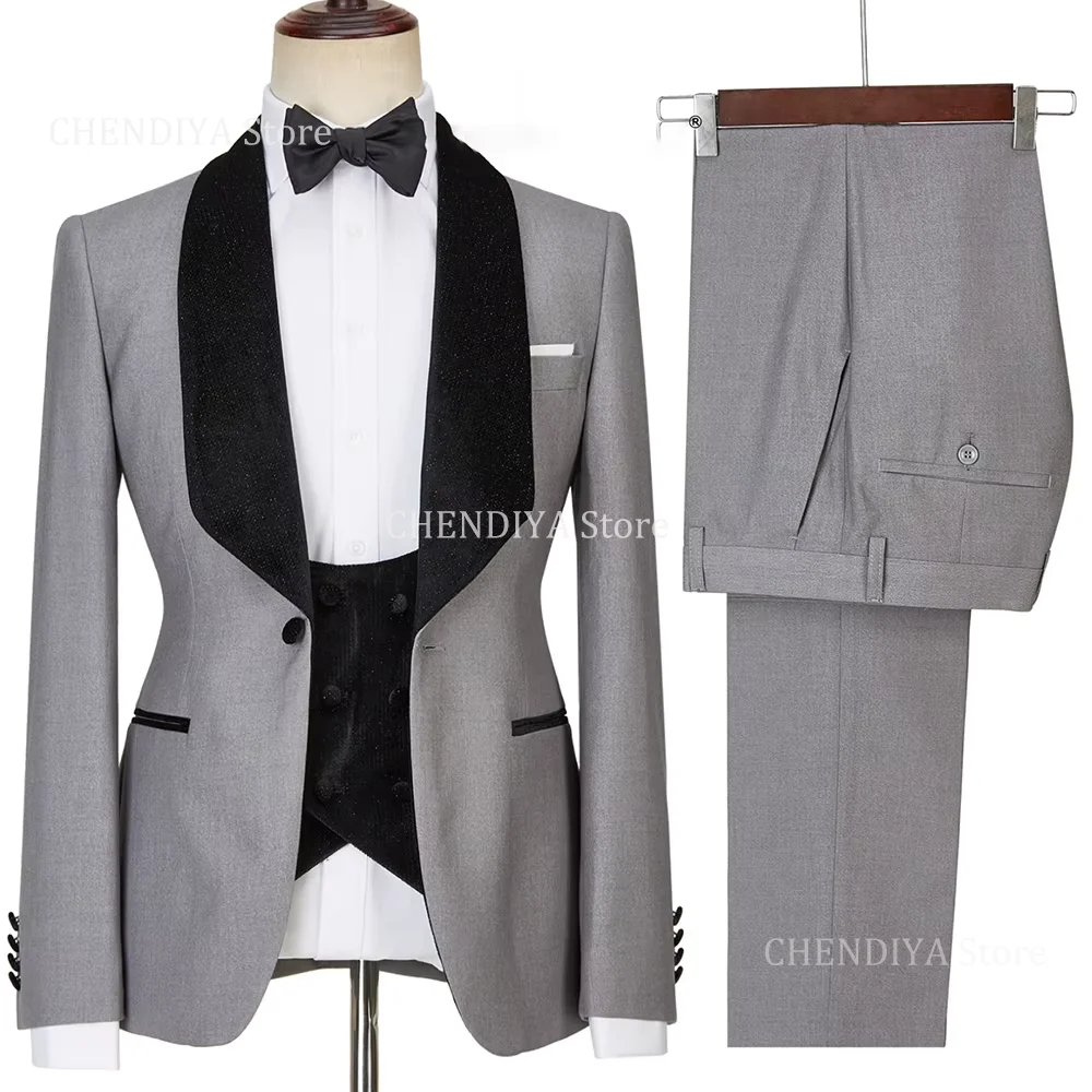 

New Fashion Men Suits Elegant Shawl Lapel One Button Men's Clothing Prom Party Casual Wedding Tuxedo 3 Piece Blazer Vest Pants