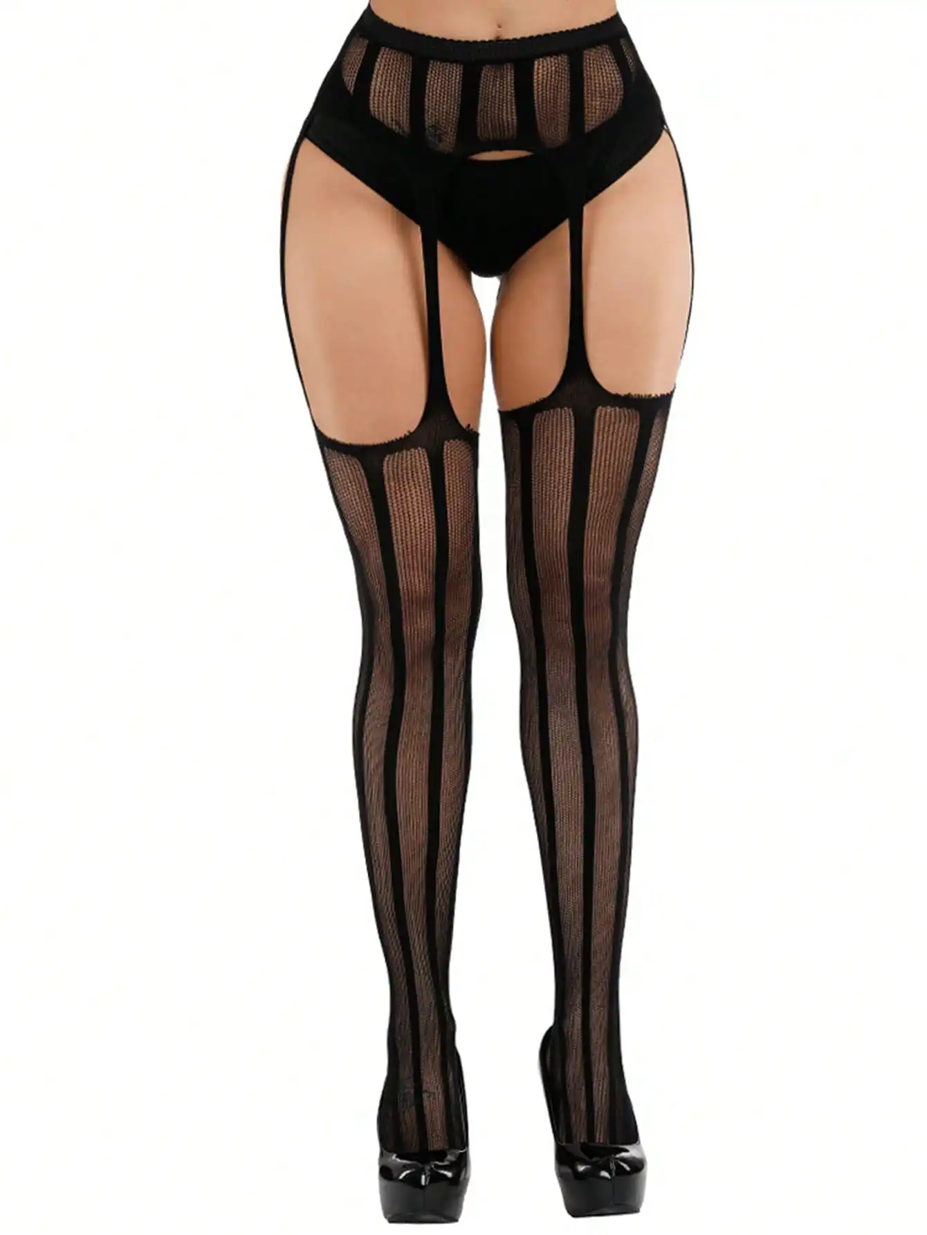 

Женские черные полосатые ажурные чулки-сетка с подвязками, сексуальная одежда для клубных вечеринок