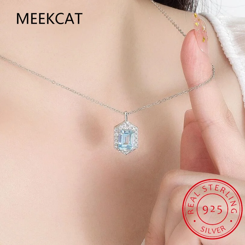 Emerald Cut Natural Sky Blue Topaz 925 Sterling Silver Pendant Necklace for Women Fine Jewelry Gemstone Choker