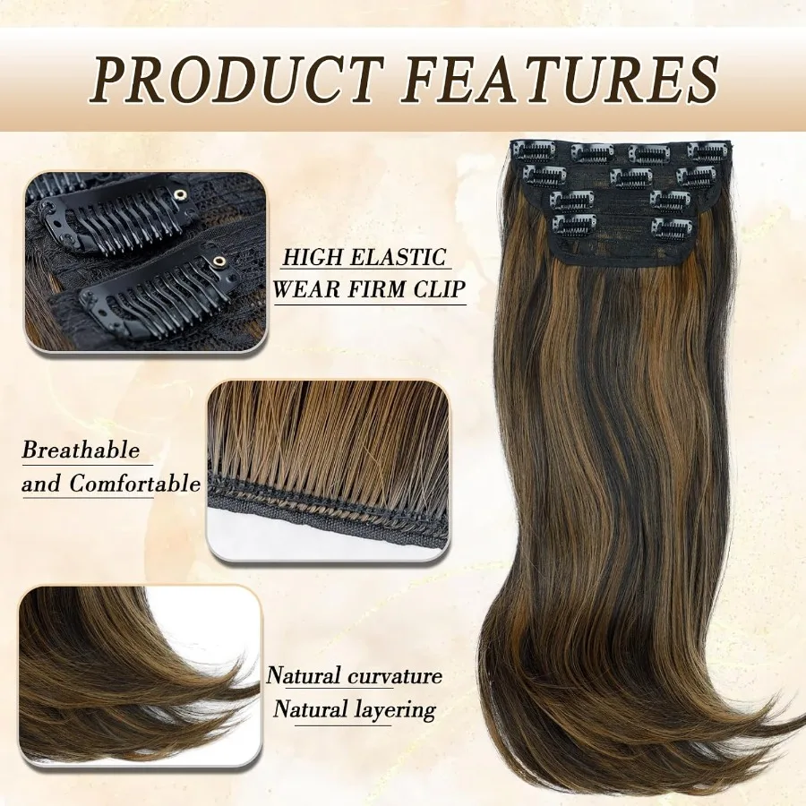 وصلات شعر متموجة مستقيمة للنساء 4 قطع من قطع الشعر الاصطناعية للاستخدام اليومي لون بني بطول 20 بوصة مثالية لـ Eve