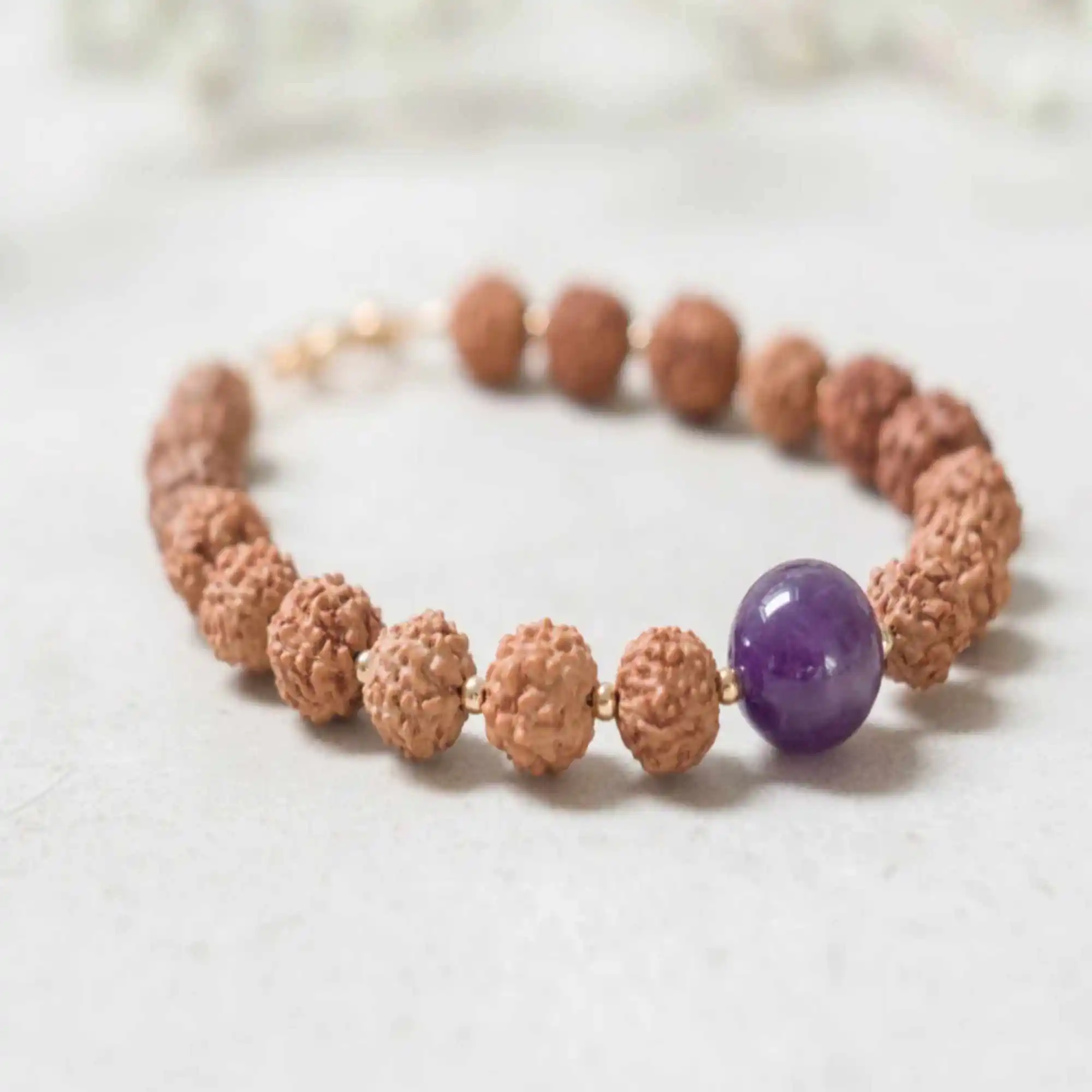 

8mm Natural brown Rudraksha Amethyst 14K gold fill bracelet Cuff Women Spirituality Energy Gift Wristband Prayer