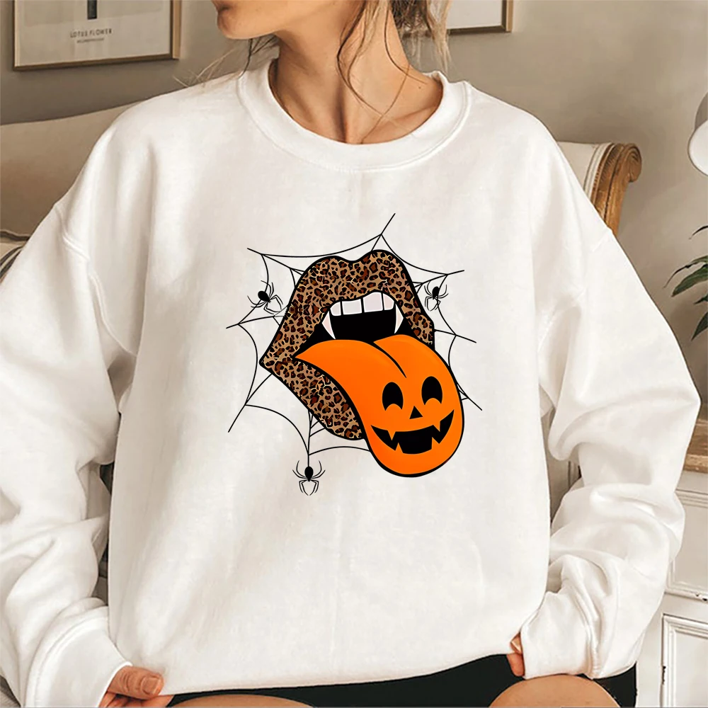 Halloween Leopard Rolling Tongue Lips Sweatshirt Pumpkin Autumn Spooky Season Hoodie Vampire Witch Pullover Halloween Sweatshirt