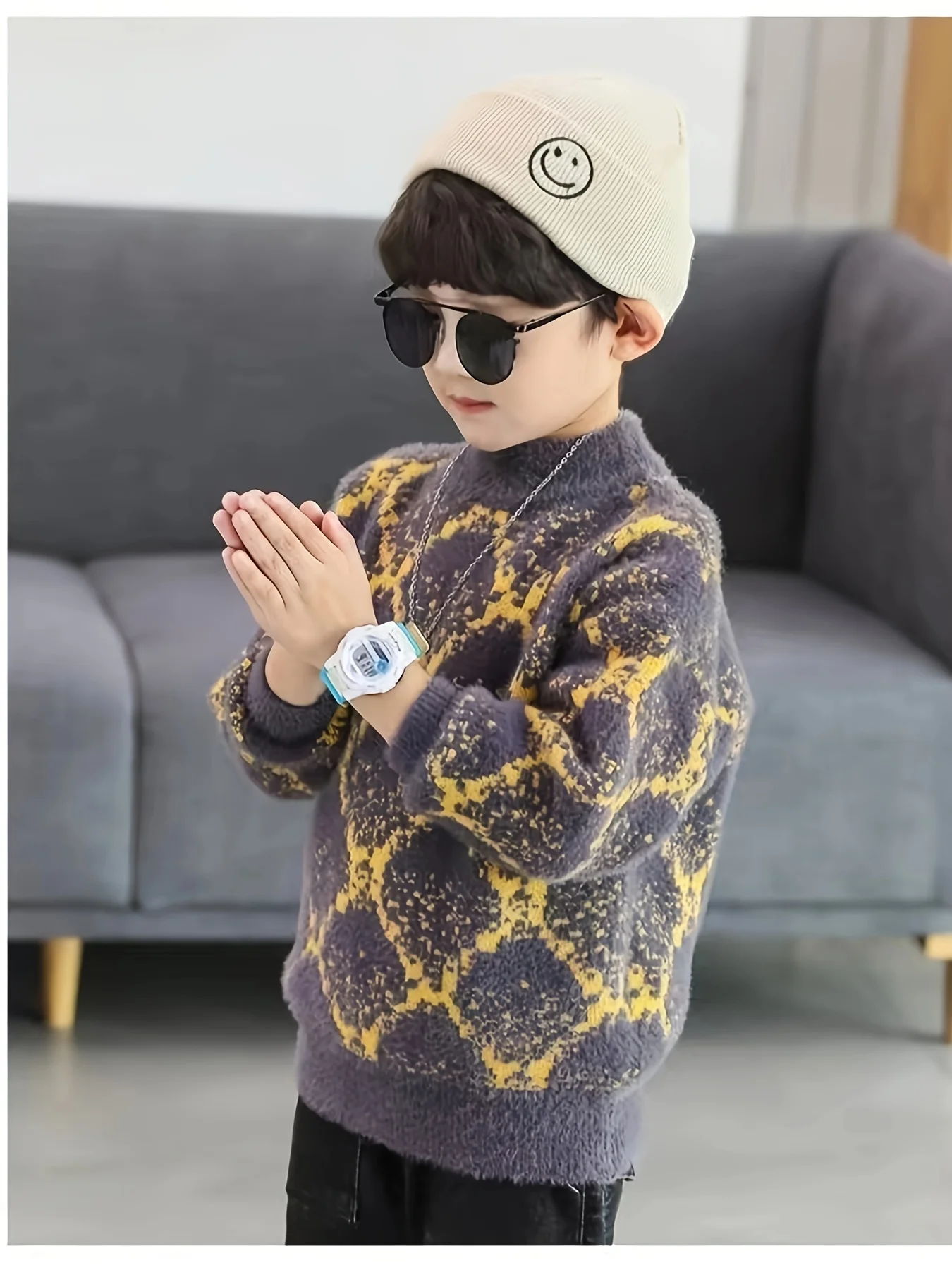 男の子用子供服、フェイクミンクベルベット秋冬新作プルオーバー、年長児向けスタイリッシュなフリースセーター、ベースレイヤーシャツ